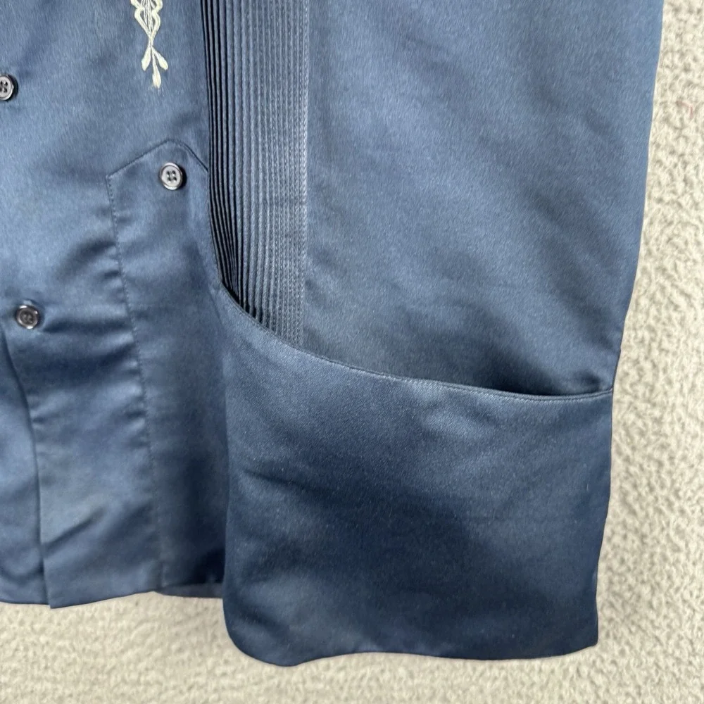 Vtg Guayabera Copacabana Shirt Mens Size 42 Blue Short Sleeve Satin Seda Bowling